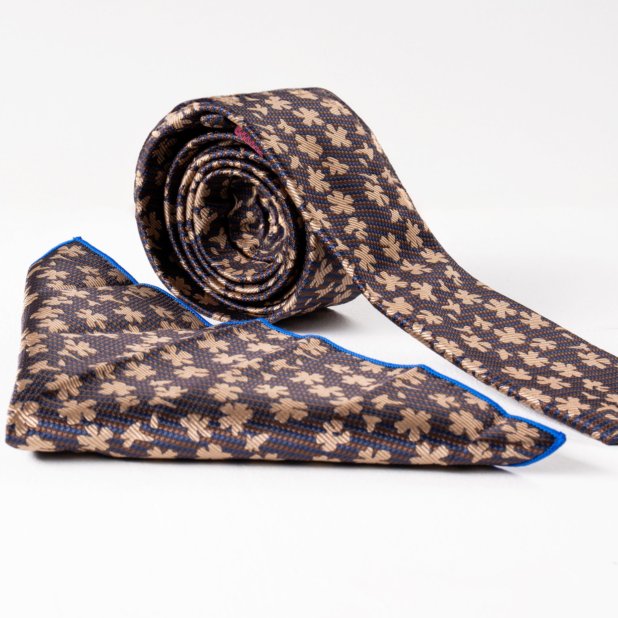 Blue & Beige Clover Patterned Tie & Handkerchief