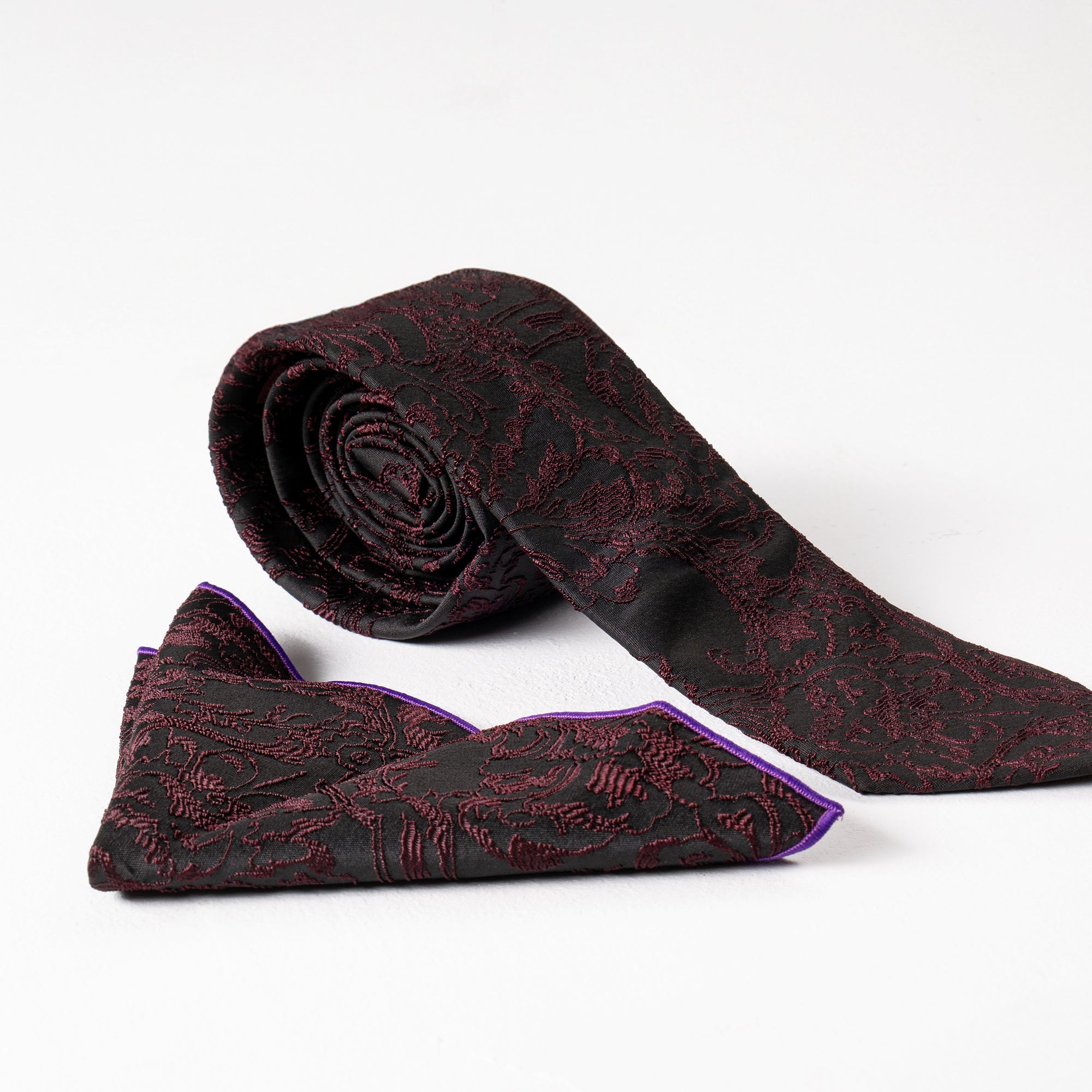 Black & Dark Pink Embroidered Tie & Handkerchief