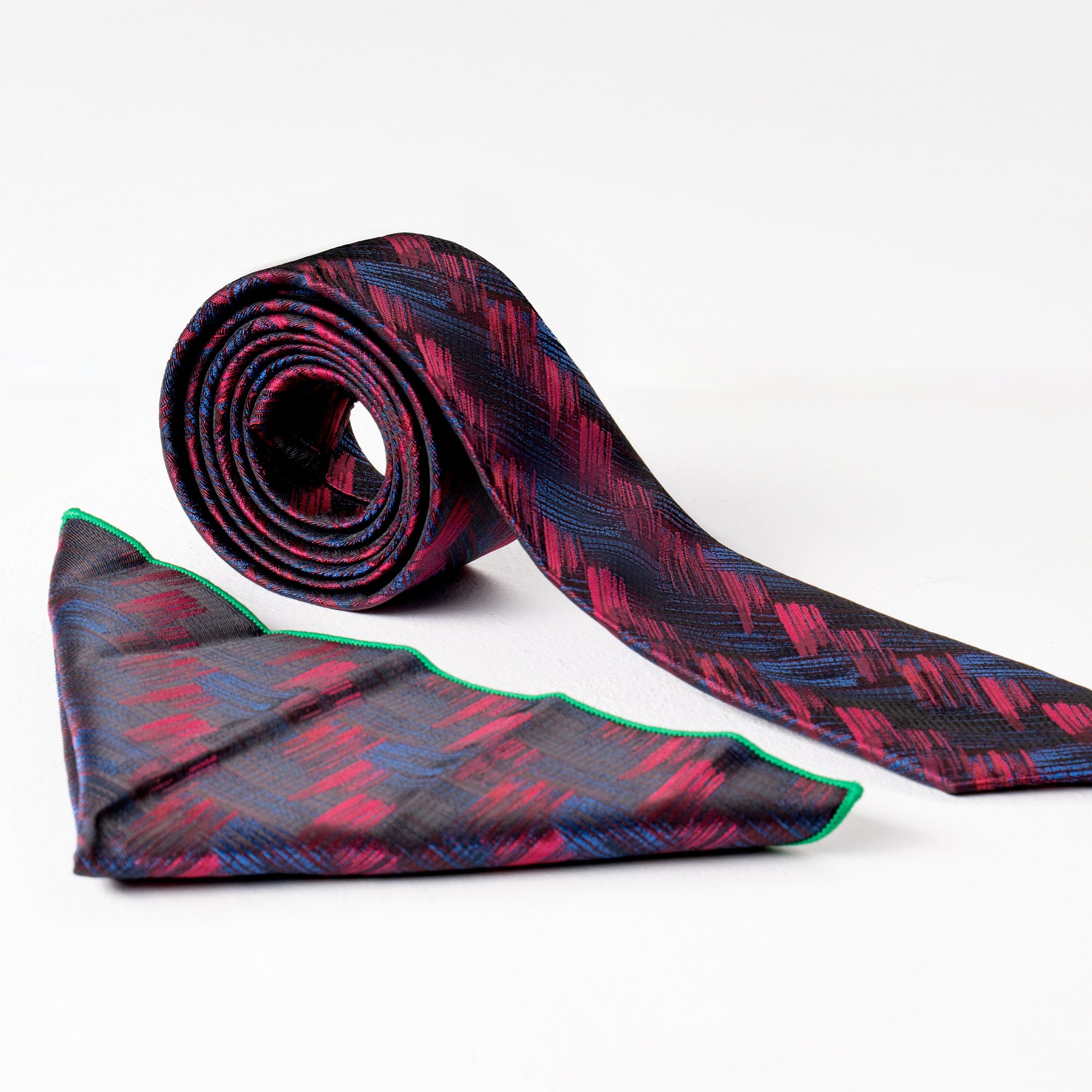 Dark Pink Blue Black Tie & Handkerchief