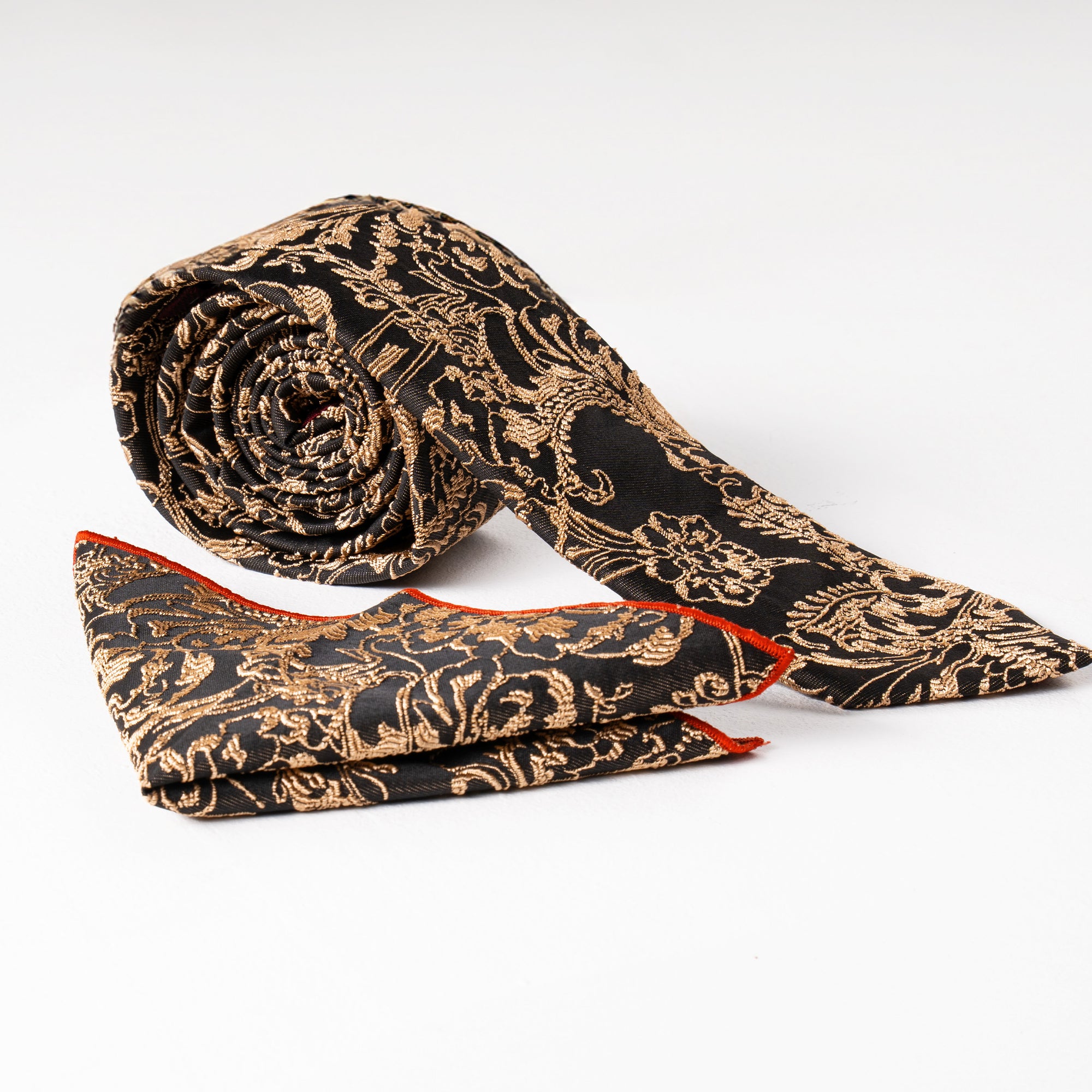 Black and Beige Embroidered Roses Tie & Handkerchief