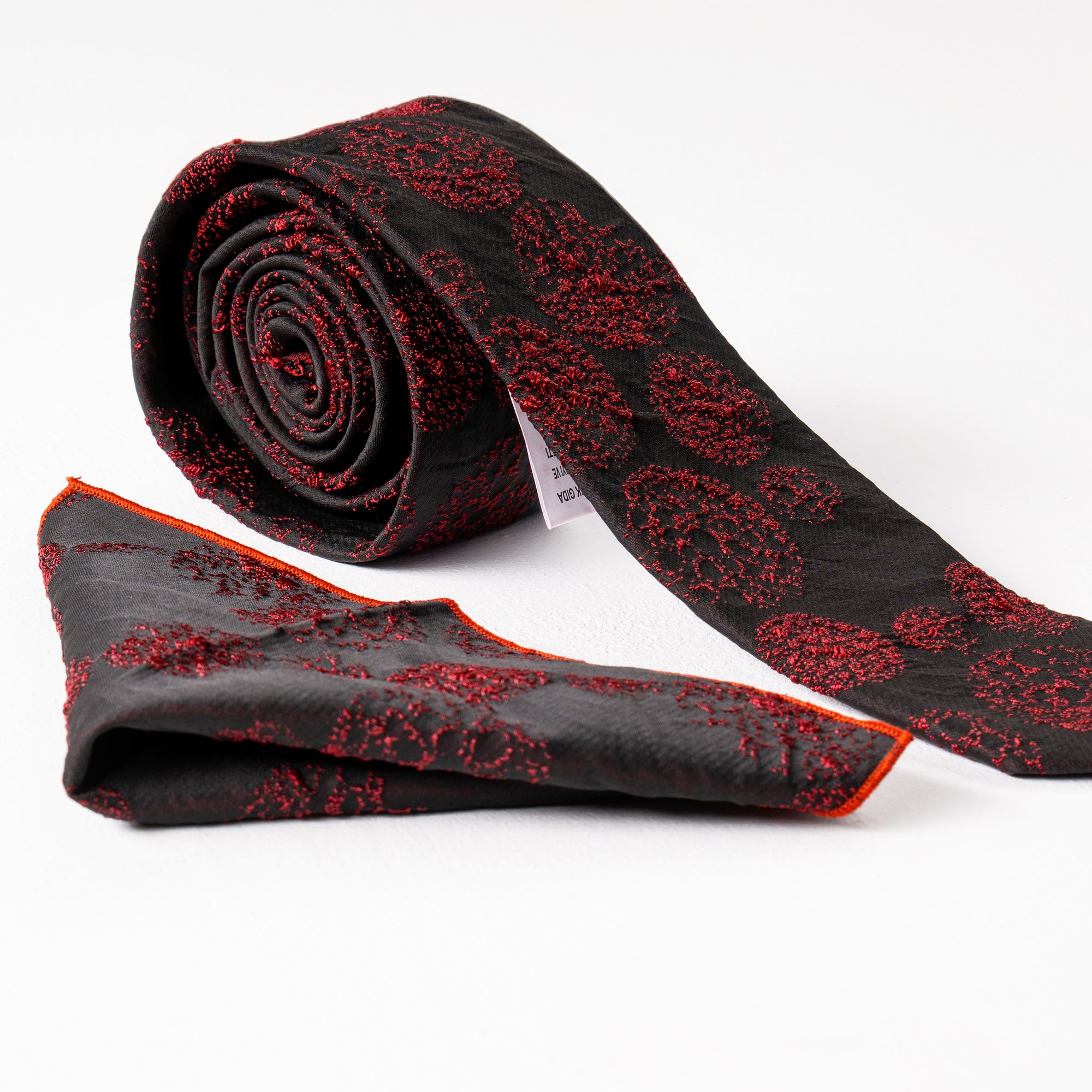 Black & Royal Red Embroidered Circles Tie & Handkerchief