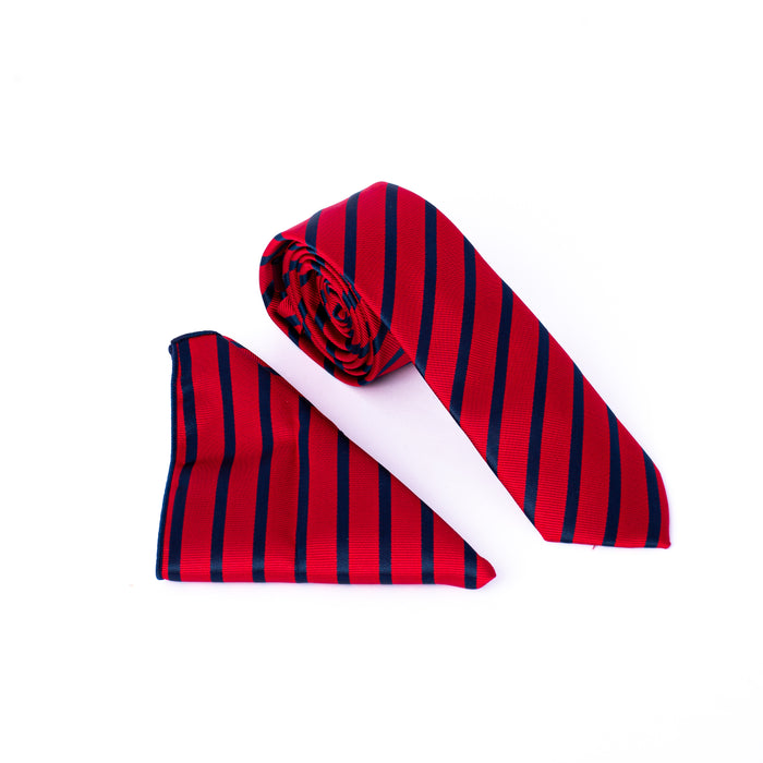 Red Navy Blue Stripes Set Tie & Handkerchief - Gentsuits