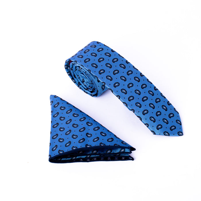 Blue Black White Pattern Set Tie & Handkerchief - Gentsuits