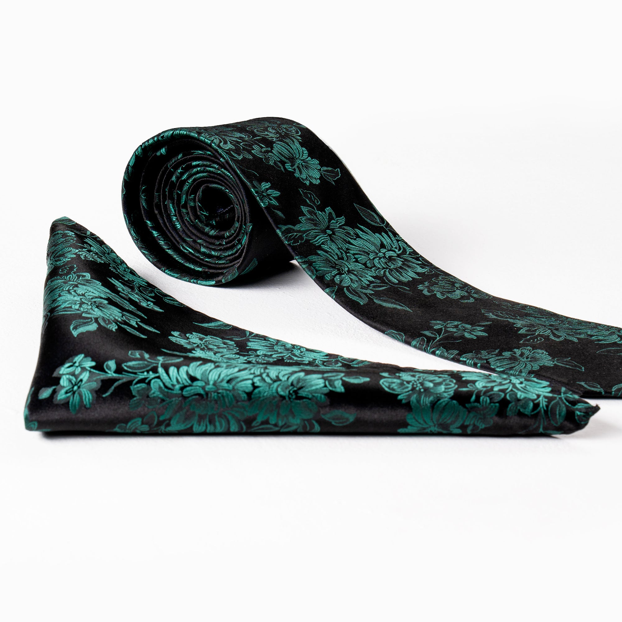 Black & Emerald Patterned Silk Tie & Handkerchief